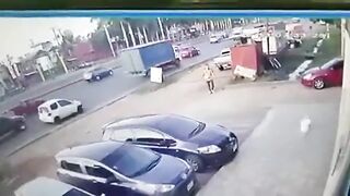 Guy gets smashed into glass window by car