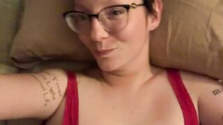 Nerd girl licks her own nipple