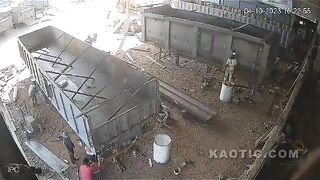 Welder blows up while on top of a barrel while Welding a Dump truck bed