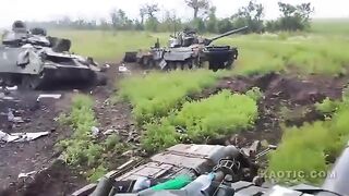 Humiliation of NATO. Russian tank against the background of folded American equipment