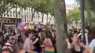 Long haired idiot gets jumped by the rainbow squad