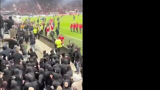 Sports: 2 West Ham fans managing to stop a mob of AZ Alkmaar fans