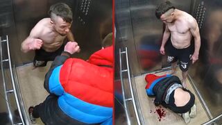 Man is brutally punched up inside an elevator by his neighbor over loud noise - Russia