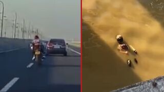 Speeding motorcyclist dies after rear-ending car then launched into river - China