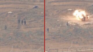 Palestinian fighters get blown up while walking across field by Israeli air support