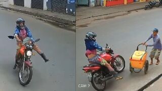 Biker looses control and wipes out pedestrian
