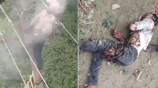 Electrician is fried to death after his head came into contact with high voltage cables in Mainpuri, India