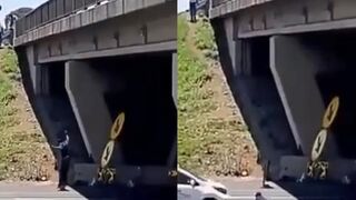 Man jumps off a bridge and is immediately struck by a passing vehicle and killed