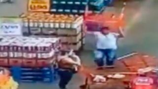 Man throws a shopping cart at another customers head after ramming him with her cart and calling him gay