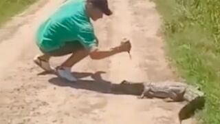 Animal abuser attempts to stab a crocodile in the head but doesn't go as planned