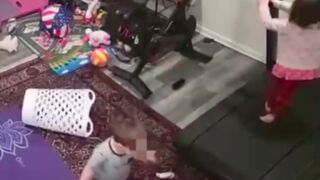 Young boy gets his hands caught underneath a treadmill and pulled under