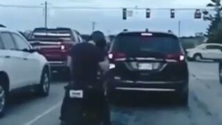 Man sitting on his motorcycle gets brutally sandwiched into another vehicle