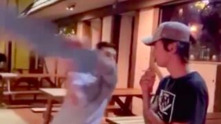 White guy gets smashed in the face with a skateboard by another white guy for saying "nigger"