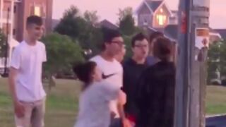 Kyle Rittenhouse caught on video beating a female up weeks prior to the shooting (red, white, blue shorts)