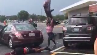 Woman runs over her boyfriend of 18 years and then beats him with the bumper and disrespects him why he lies on the ground dying