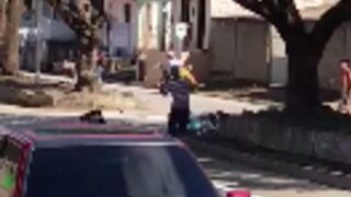 Man gets knocked down after getting a brick thrown at his head during a fight