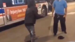 Man about to fight gets picked up and slammed from behind by a bus driver