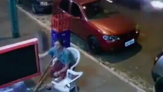 Man gets hit out his chair by a runaway Tyre!