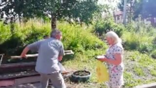 Old lady gets hit in the face with a crutch in russia ????