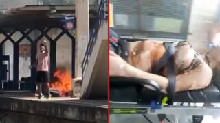 Woman is doused with gasoline then set on fire by her ex-husband at a train station - Rio de Janeiro, Brazil