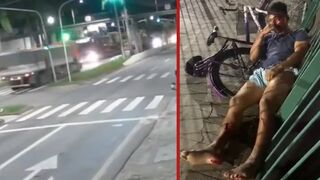 Truck carrying excavator knocks down a walkway and injured a cyclist - Brazil