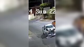 Biker smashes into side of truck and does triple frontflip.