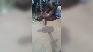 Thief is forced to hang from the wood and tasered