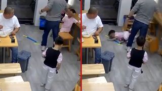 Angry father hits child to the ground because he wouldn't stop swinging a plastic sword - China