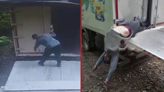 Truck driver is crushed to death after a lift gate malfunction - Russia