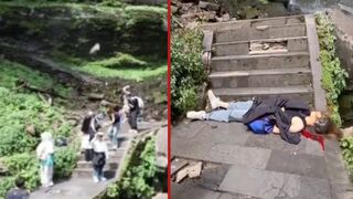 Tourist is struck on her head and shoulder by rockfall - China