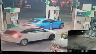 A customer at gas station has left her car running and a man jumps in and steals it