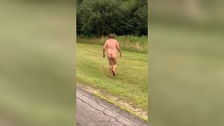 Oswego County, NY - Butt naked man walks on side of highway with an empty water bottle in his mouth