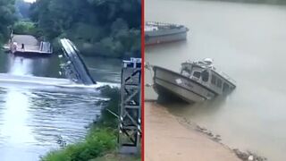 Police boat backflips after driving into steel wire cable - Hungary