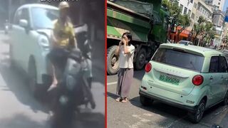 Oblivious motorist causes accident leaving bikers head crushed by a bus - China