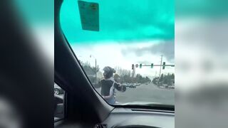 Blue hoodie guy elevates a road rage incident into a felony.