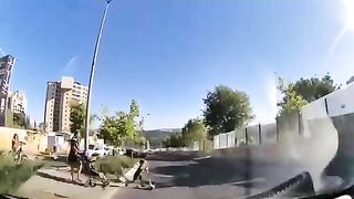 The car spectacularly knocked down a child on a scooter