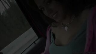 Naughty Brunette grab dick and blowjob on car